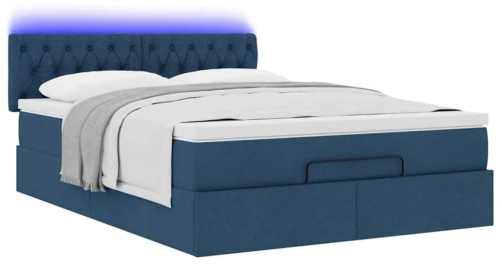 Estrutura de cama otomana com colchão tecido azul 140x200cm