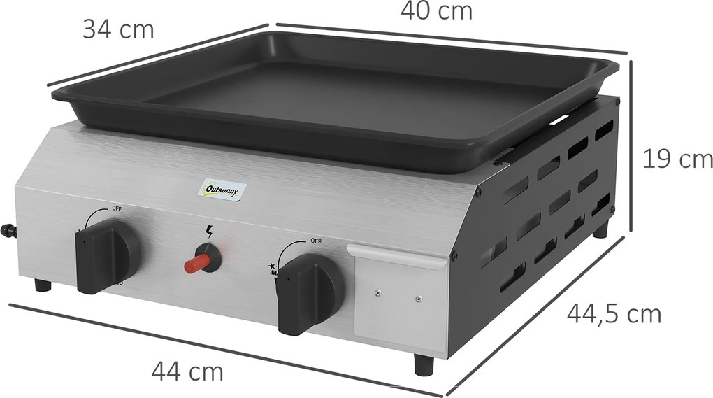 Grelhador a gás em aço inoxidável esmaltado, com 2 queimadores de 4,8 kW, antiaderente, ampla superfície de cozedura de 40 L x 34 L cm, transportável