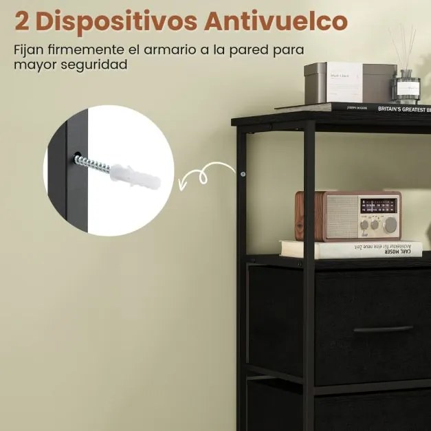 Cômoda para quarto com 5 gavetas 100 × 30 × 80 cm com 2 prateleiras abertas de madeira e estrutura metálica resistente preto