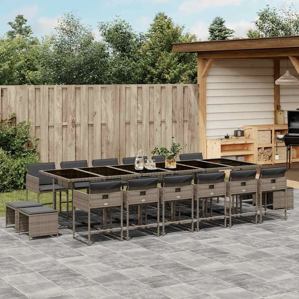 17 pcs conj. de jantar p/ jardim c/ almofadões vime PE cinzento