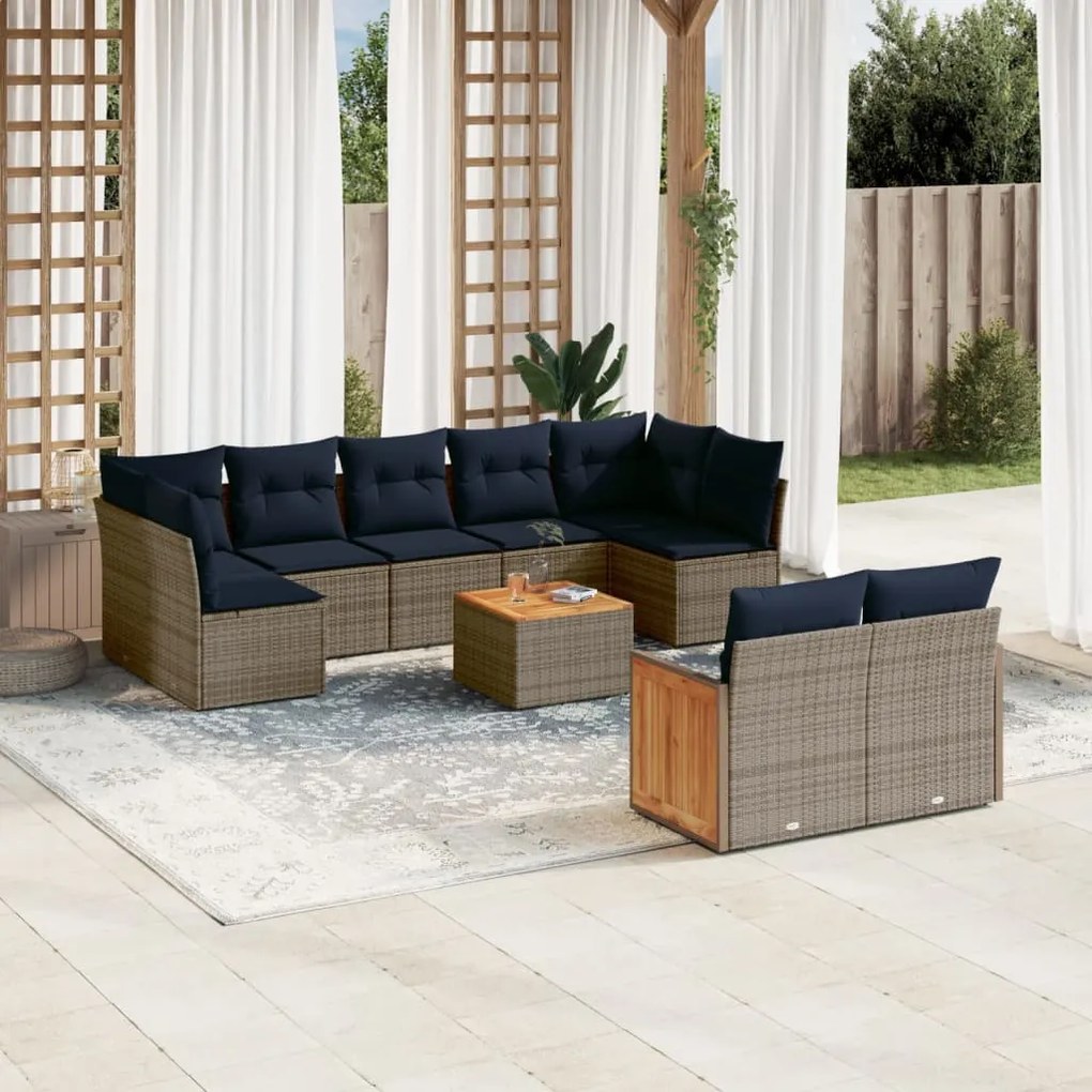 vidaXL 10 pcs conjunto sofás p/ jardim c/ almofadões vime PE cinzento