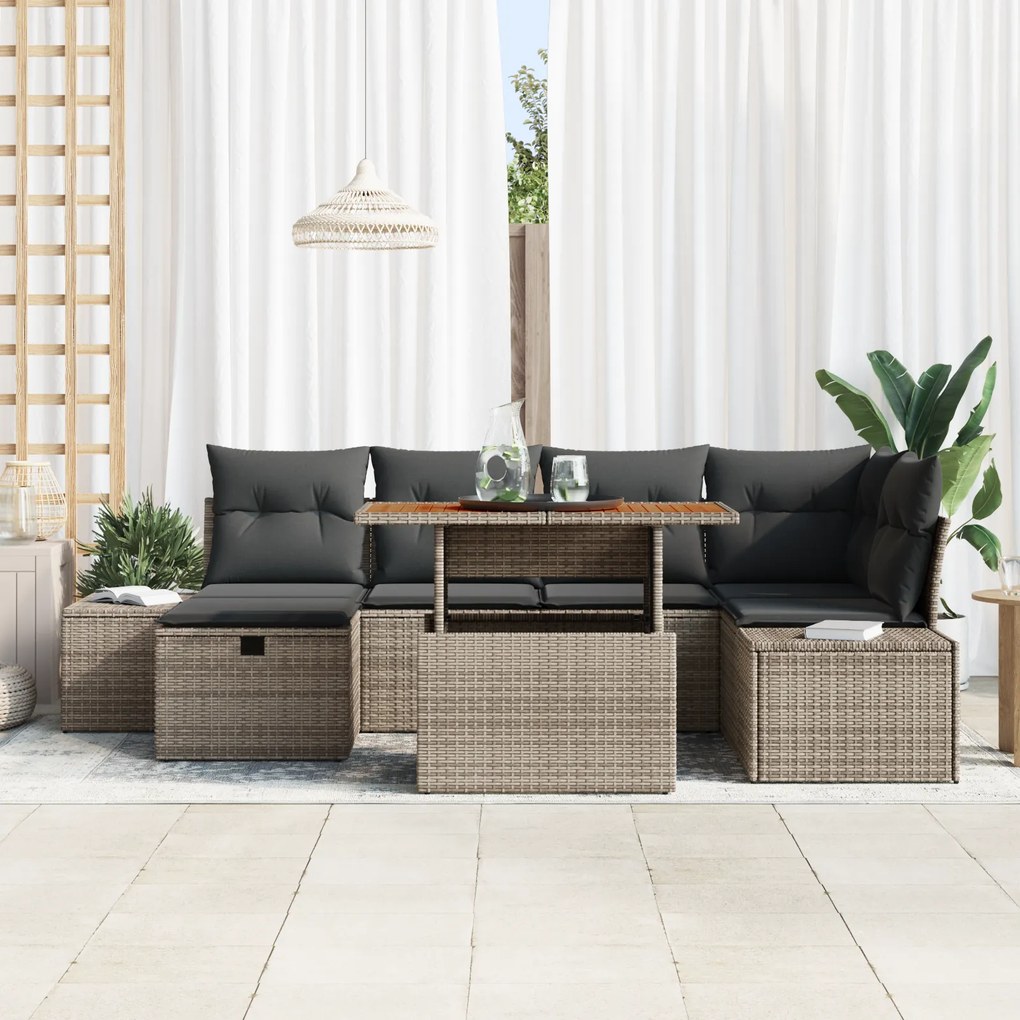 Conjunto de Jantar de Jardim com Almofadas 7 Peças Cinza Rattan Poliés