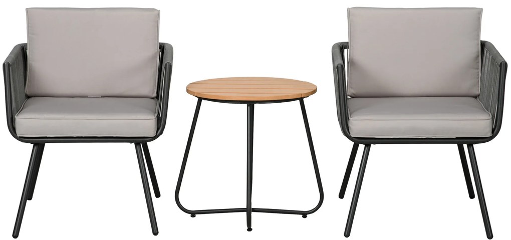 Outsunny Conjunto de Móveis de Jardim de Vime 3 Peças Incluí 1 Mesa de Centro e 2 Poltronas com Almofadas Acolchoadas Cinzento