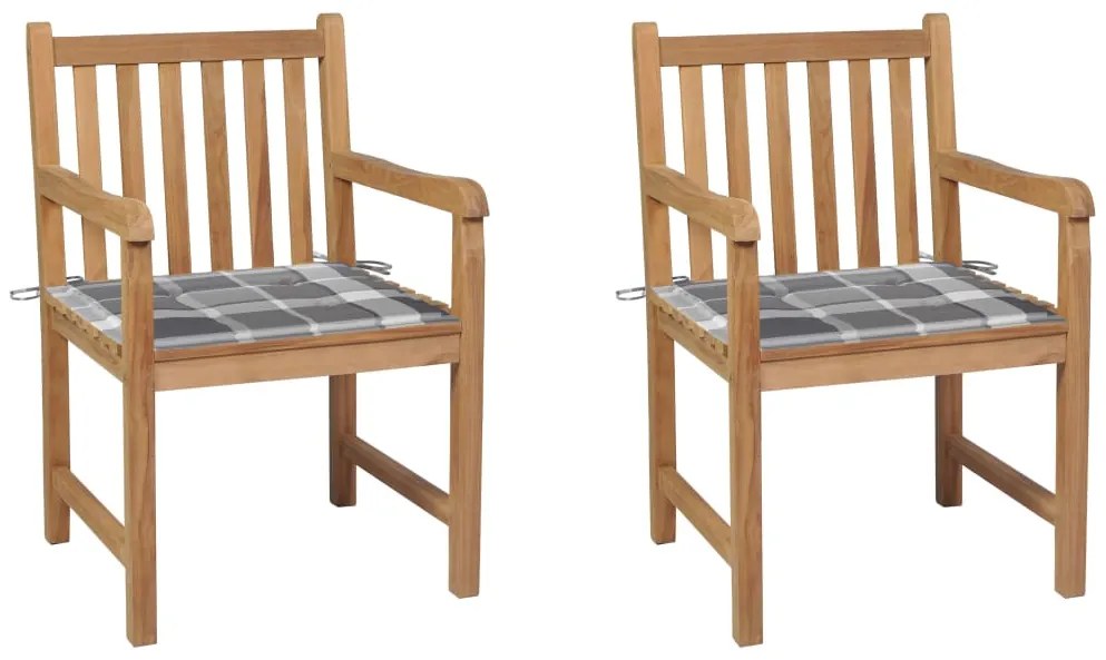 vidaXL Cadeiras jardim c/ almofadões xadrez cinzento 2 pcs teca maciça