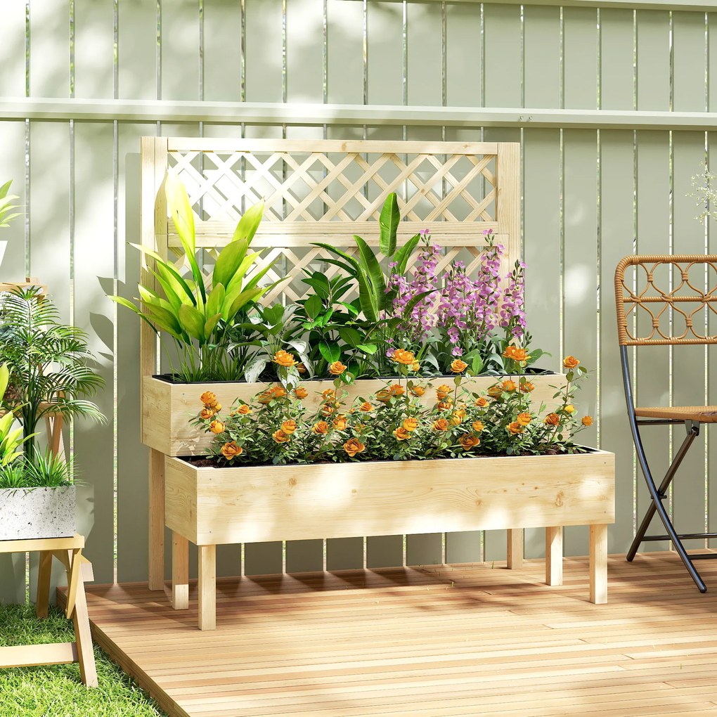 Floreira de 2 níveis com treliça, floreira com tecido não tecido, 108 x 62 x 120 cm, efeito madeira natural