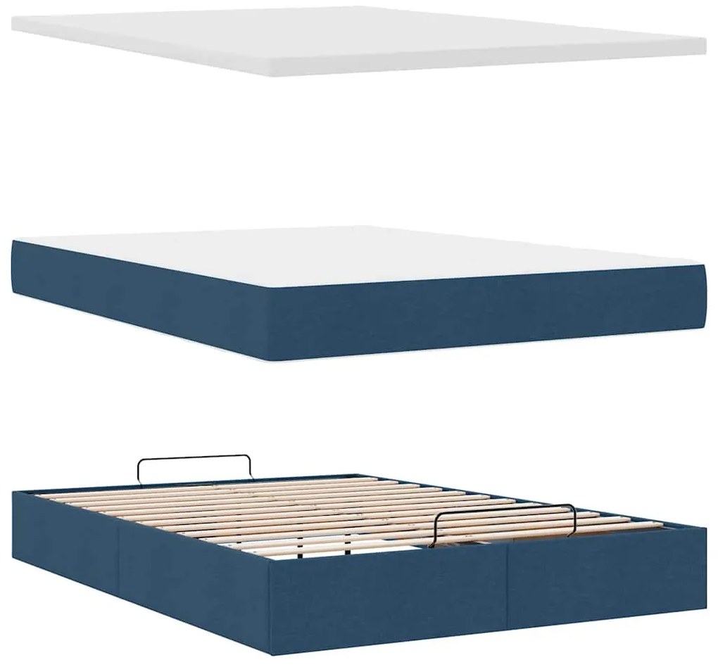 Estrutura de cama otomana com colchão tecido azul 140x200cm