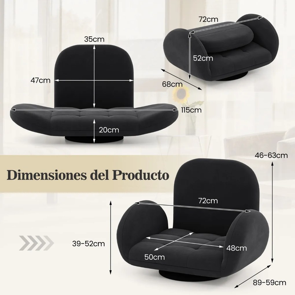 Poltrona de chão giratória com esponja Cadeira dobrável para jogos com encosto e apoios de braços ajustáveis Poltrona sofá reclinável preta