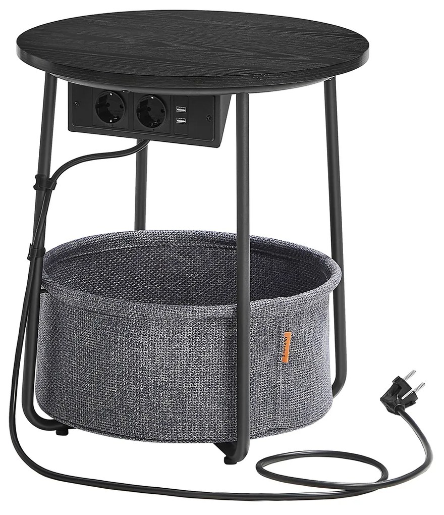Mesa lateral redonda VASAGLE com estação de carregamento, mesa pequena com tomada, mesa de centro, portas USB, cesto de tecido, sala de estar, quarto, mesa de cabeceira moderna, preto ébano e cinza ardósia LET228B02