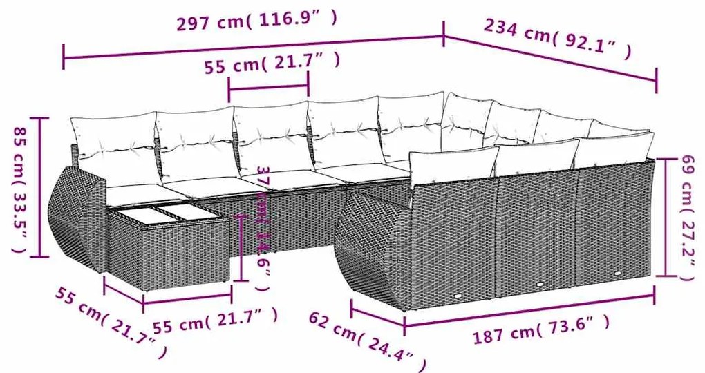 11 pcs conjunto sofás de jardim c/ almofadões vime PE cinzento