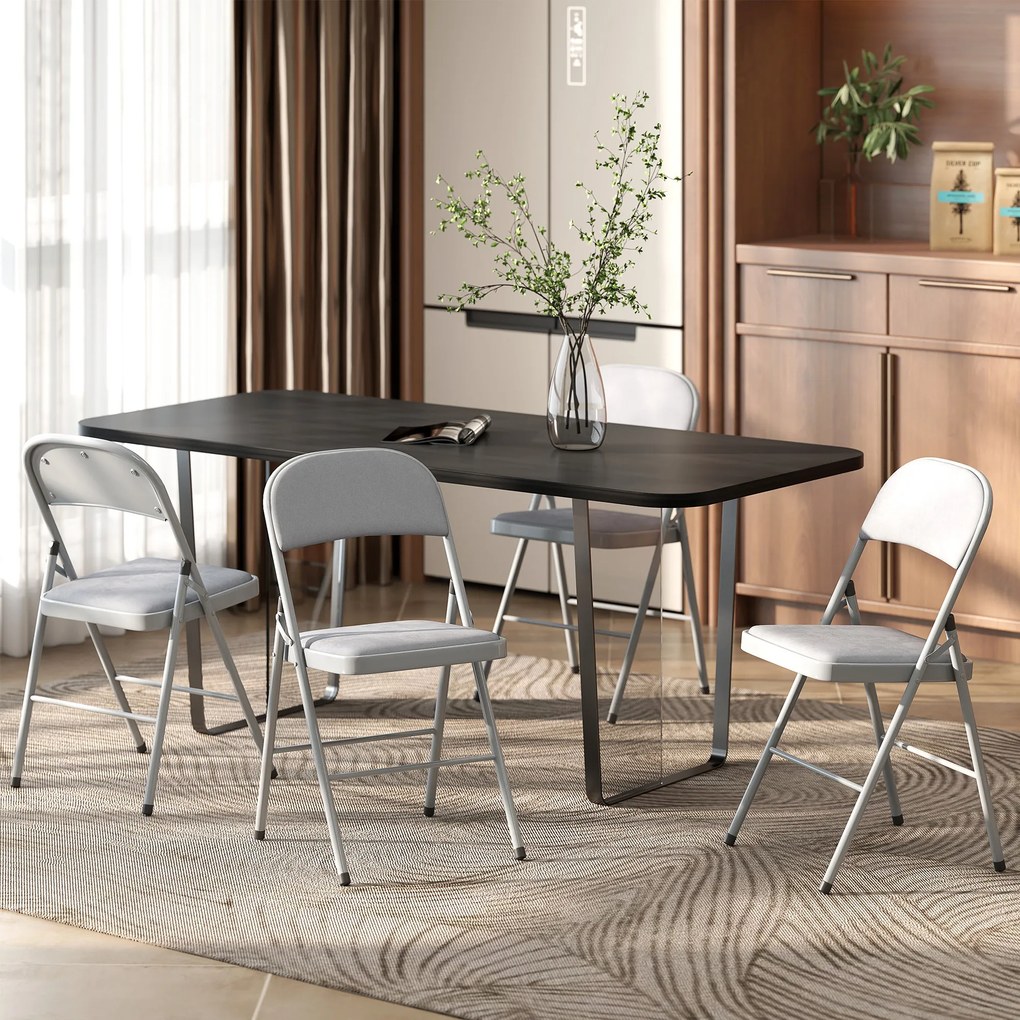 Conjunto de 4 cadeiras dobráveis e portáteis para interior (MESA NÃO INCLUIDA), com assentos e encostos estofados em veludo, estrutura em aço, cinzent