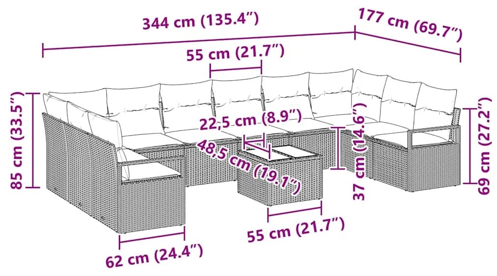 Conjunto de Sofá de Jardim com 10 Peças e Almofadas Cinzas de Rattan S