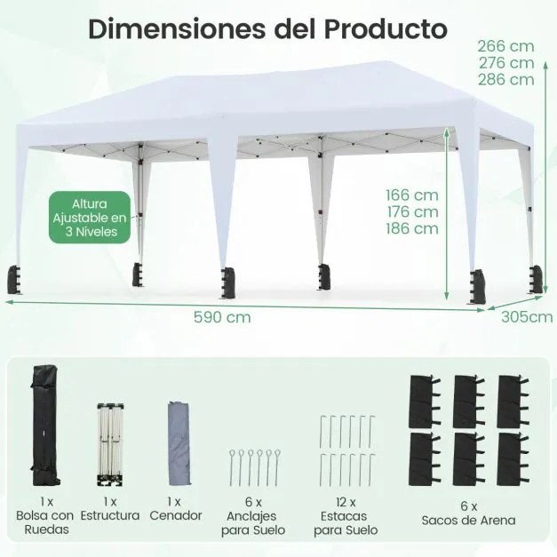 Tenda dobrável 590 x 305 x 266 cm exterior com estacas, cordas de fixação, sacos de areia e rodas para 6-8 pessoas festas, eventos, feiras Branca