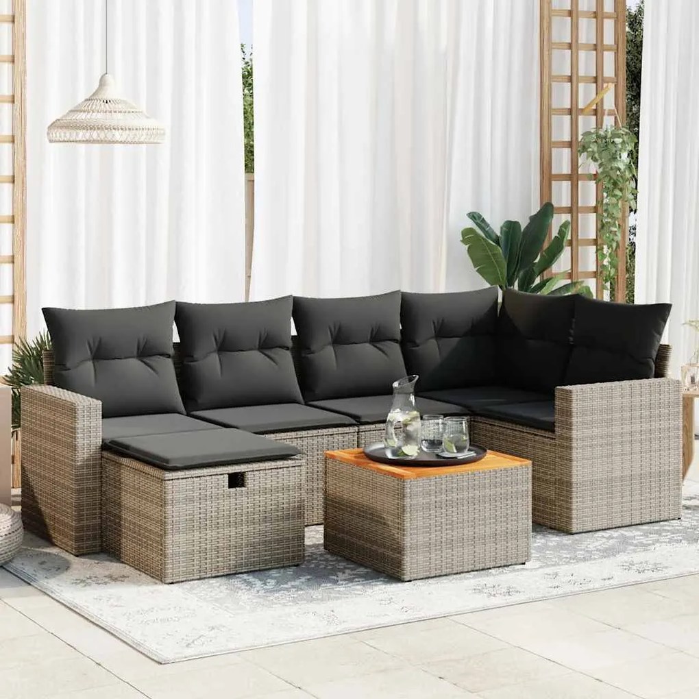 7 pcs conjunto sofás p/ jardim c/ almofadões vime PE cinzento