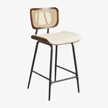 Banco Alto Em Madeira, Rattan E Couro Sintético Raysa Madeira Escura & ↑65 Cm & Couro Sintético Branco Quebrado - Sklum