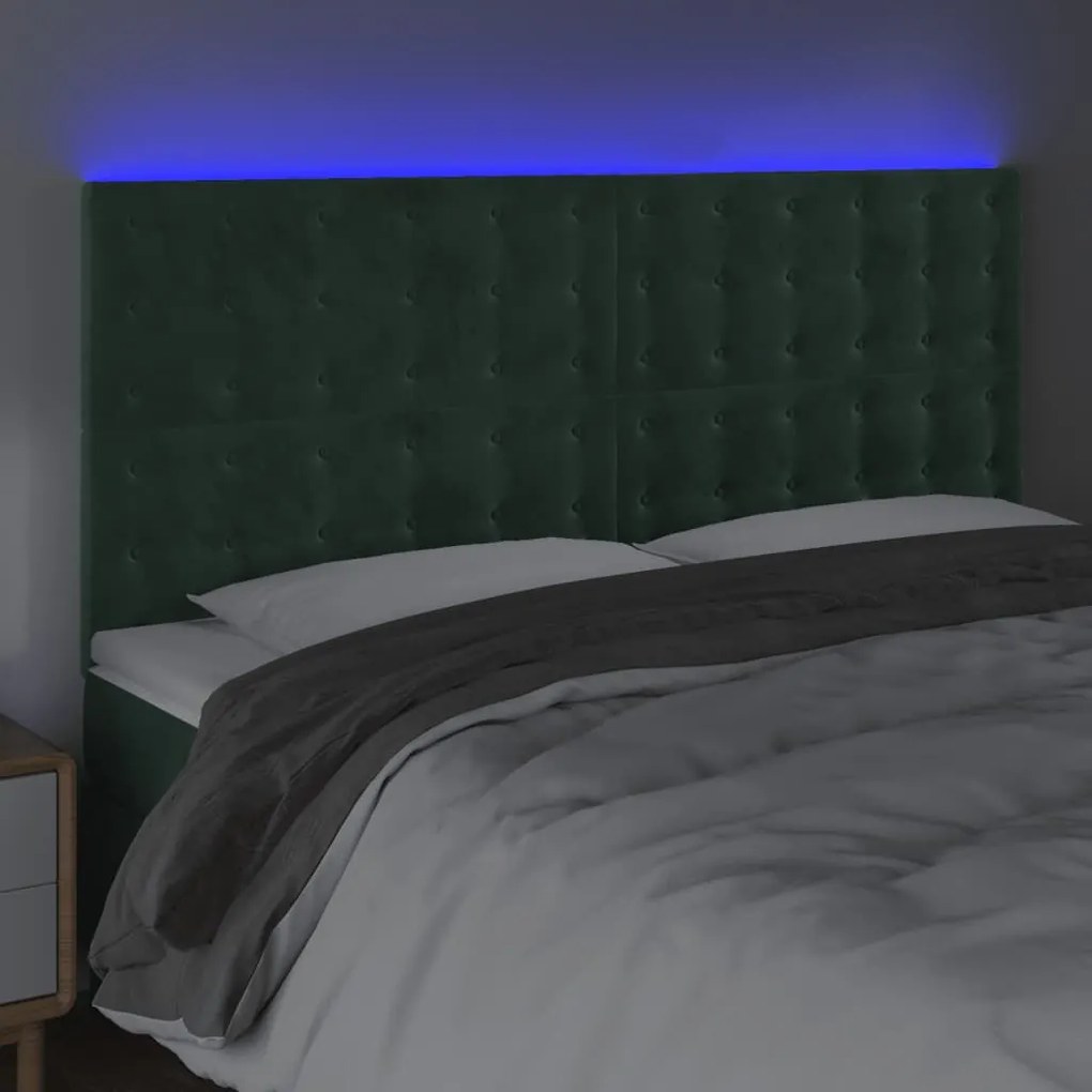 Cabeceira de cama c/ LED veludo 180x5x118/128 cm verde-escuro