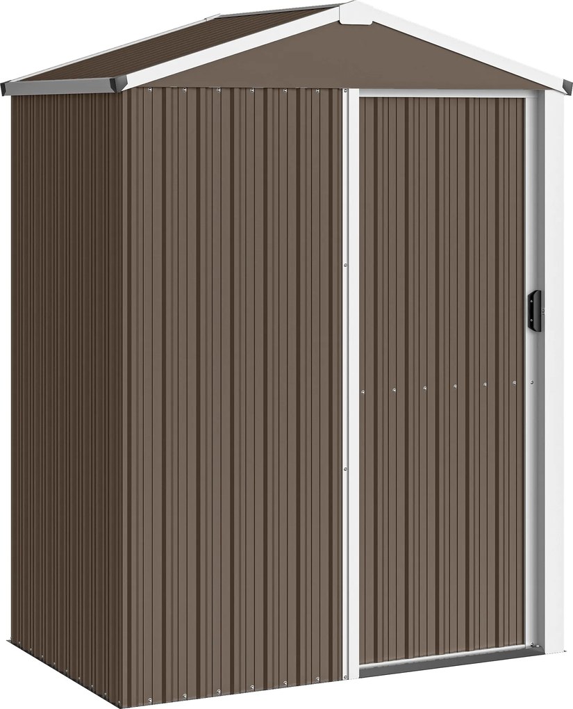 Outsunny Abrigo de Jardim Metálico 136x87x179 cm Abrigo para Ferramentas com Porta de Correr Teto Inclinado e Luvas Castanho | Aosom Portugal