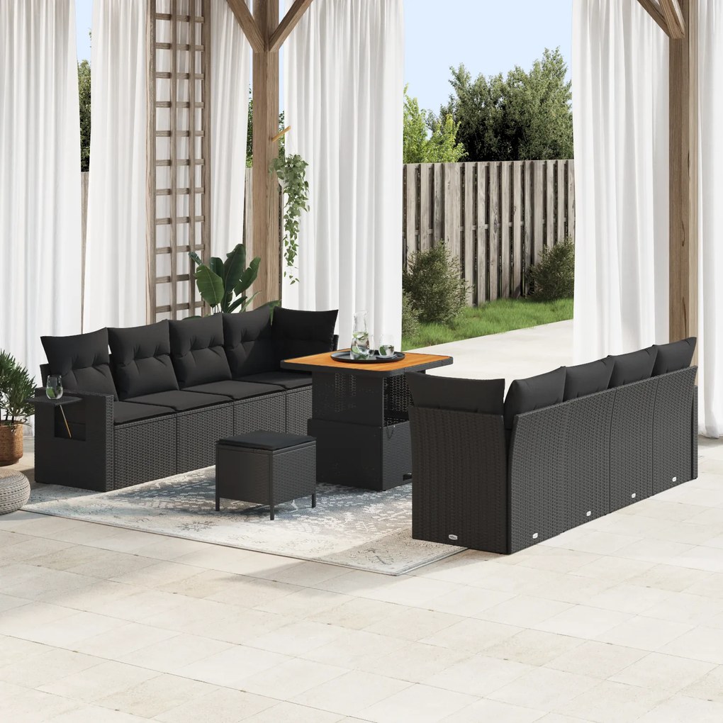 Conjunto de Sofá de Jardim vidaXL 11 Peças com Almofadas Preto Rattan
