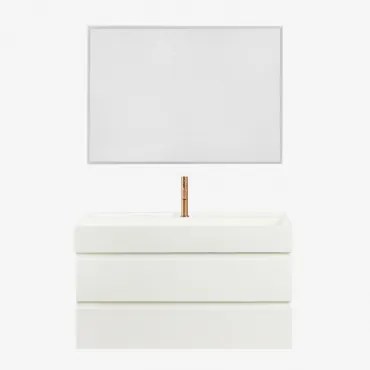 Conjunto De Móvel De Casa De Banho Em Madeira E Chapa De Freixo Com Lavatório Integrado Ona Branco & Led Retangular E Anti-embaciamento - Sklum
