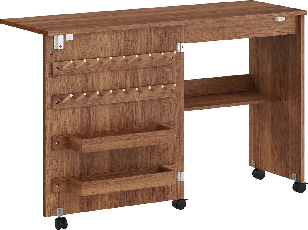 Mesa para Máquina de Costura Dobrável com Porta Magnética, 2 Compartimentos, Prateleira, 18 Suportes para Linhas e 5 Rodas, Castanho
