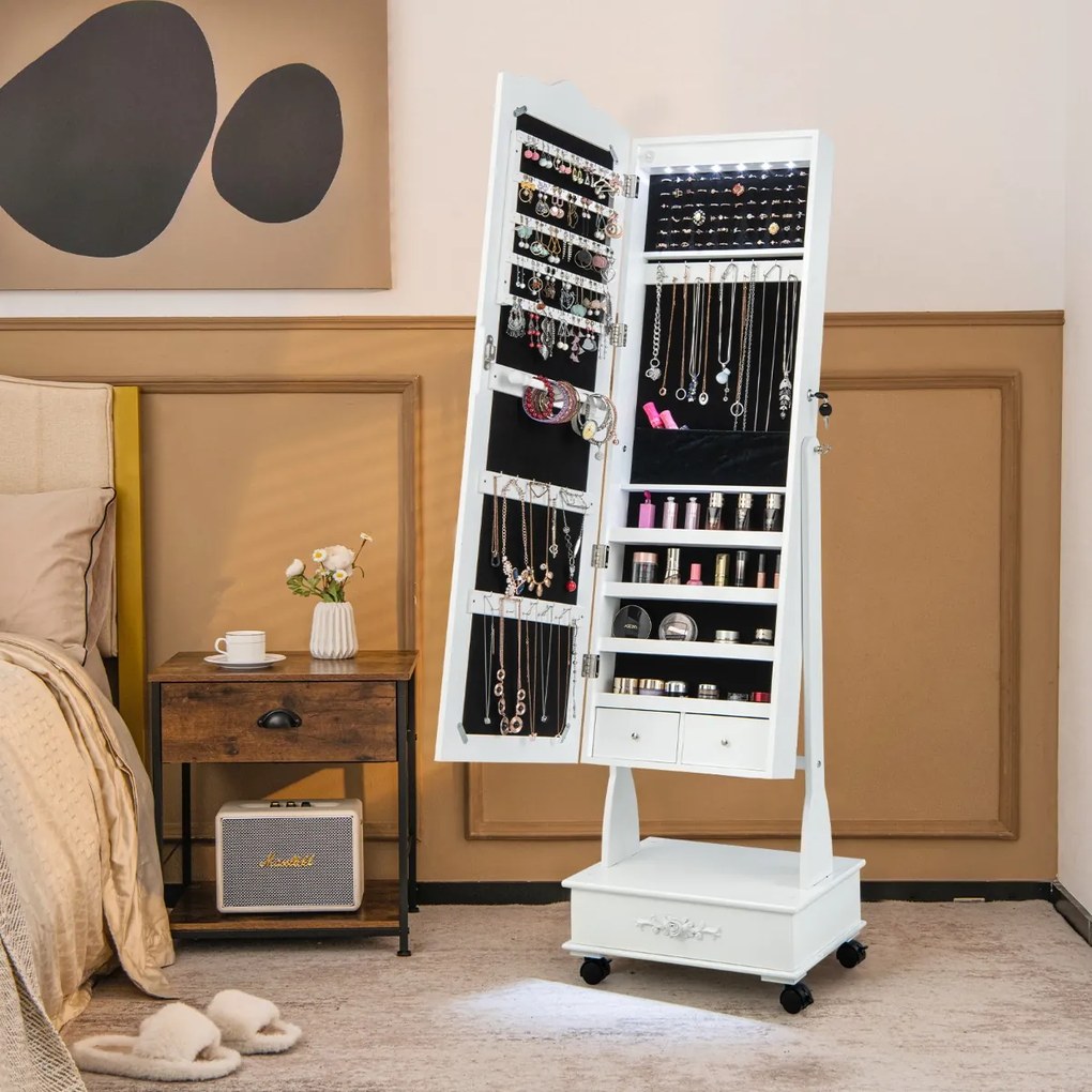 Armário de joias independente com espelho LED de corpo inteiro e 6 gavetas - marrom rústico