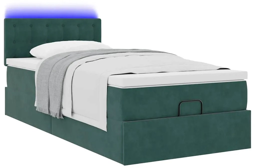 Cama otomana com colchão &amp; LEDs 90x200cm veludo verde-escuro