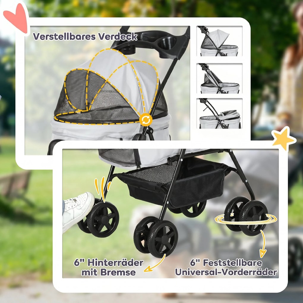 Carrinho para Cães Pequenos com 4 Rodas Travão Cesto Capota Correias de Segurança e Janelas 67x45x96 cm Cinza Claro