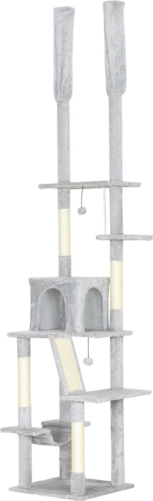 PawHut Árvore Arranhador para Gatos para Fixar ao Teto Altura Ajustável 225-255 cm com Casa e Hamaque 48x48x255 cm Cinza Claro | Aosom Portugal