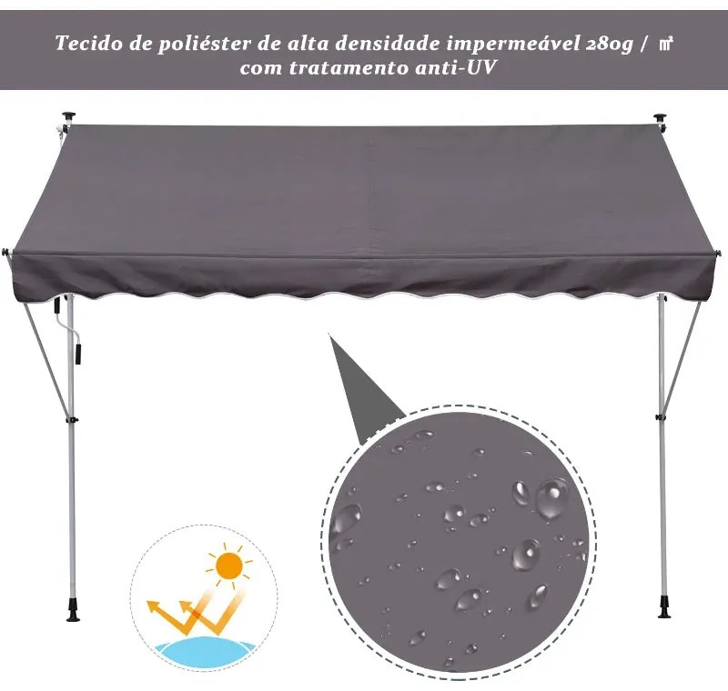 Toldo Portátil com Manivela e Altura Regulável - 3x1,5m - Cinzento