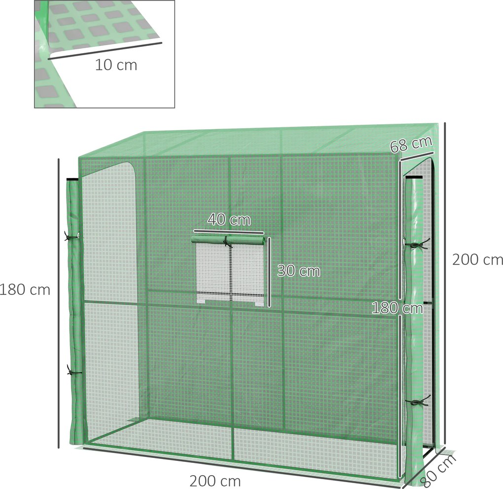 Estufa de jardim encostada à parede para cultivo de tomate 200 x 80 x 200/180 A cm, com 2 portas enroláveis com fecho de correr, 1 janela, verde