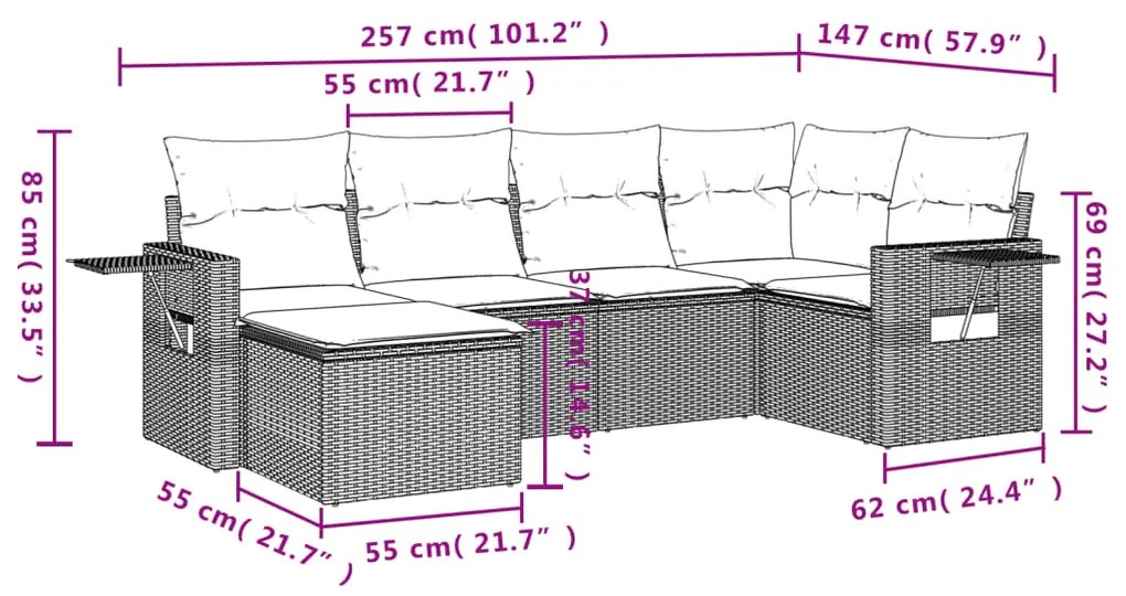 6 pcs conj. sofás jardim com almofadões vime PE cinzento-claro