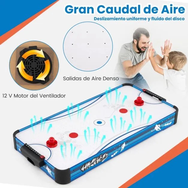 Mesa de hóquei de ar com ventilador potente de 12 V, 2 discos, 2 empurradores, 108 x 50,5 x 10 cm, branco e azul