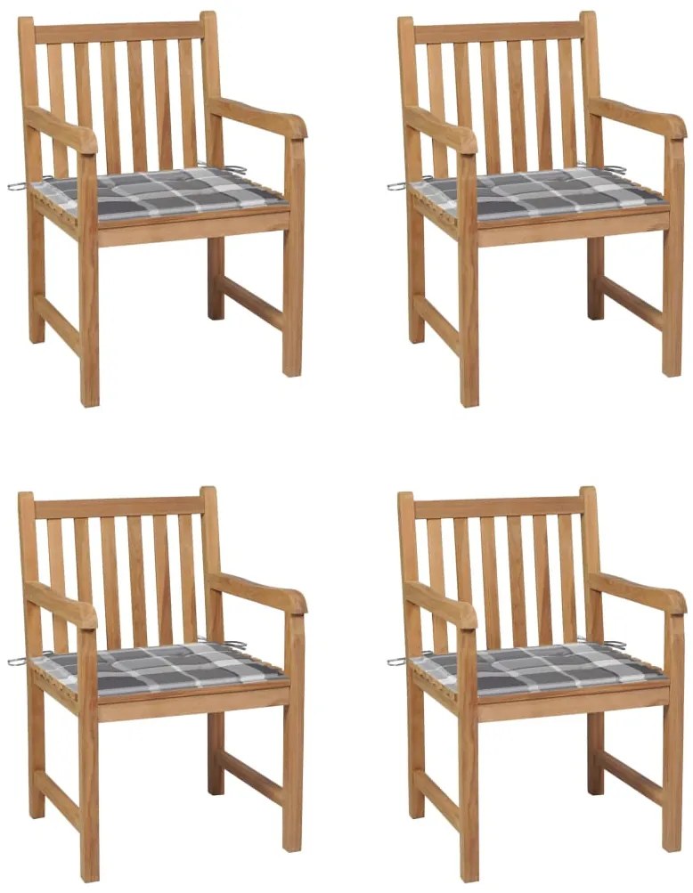 Cadeiras jardim c/ almofadões xadrez cinzento 4 pcs teca maciça