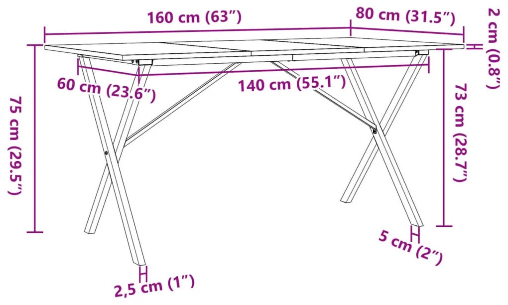 Mesa de jantar estrutura em X 160x80x75cm pinho e aço
