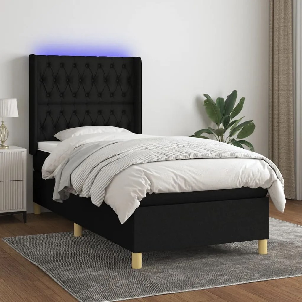 Cama box spring c/ colchão e LED 90x190 cm tecido preto