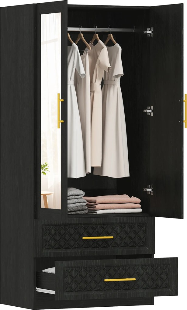 Guarda Roupa com Espelho 2 Portas e 2 Gavetas Relevo de Diamante Barra para Pendurar Estilo Moderno 80x50x180 cm Preto