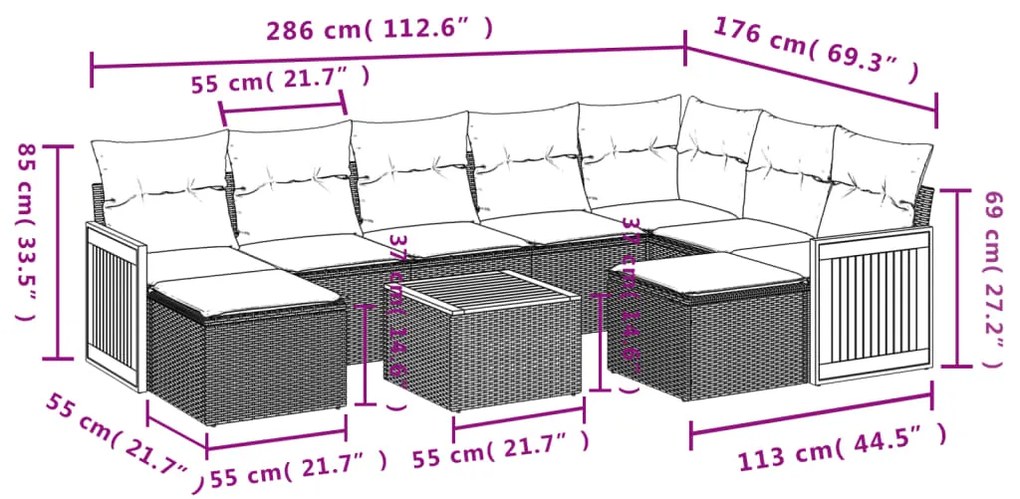 10 pcs conjunto sofás de jardim c/ almofadões vime PE preto