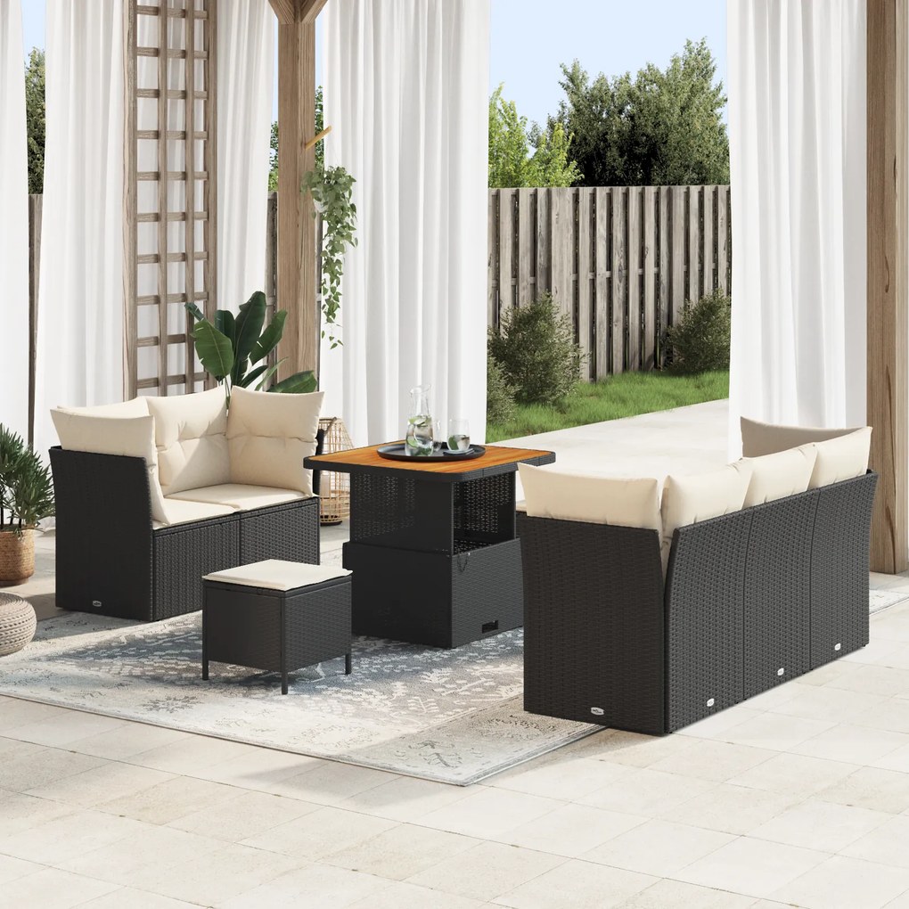 Conjunto de Sofás de Jardim de 8 Peças com Almofadas Rattan Preto Acác