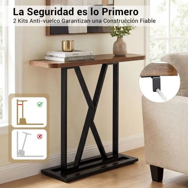 Mesa Consola de Entrada 100 x 29,5 x 81 cm com Estrutura Metálica Geométrica para Hall de Entrada Castanho Rústico