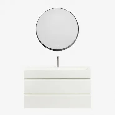 Conjunto De Móvel De Casa De Banho Em Madeira E Chapa De Freixo Com Lavatório Integrado Ona Branco & Redondo Led E Anti-embaciamento - Sklum