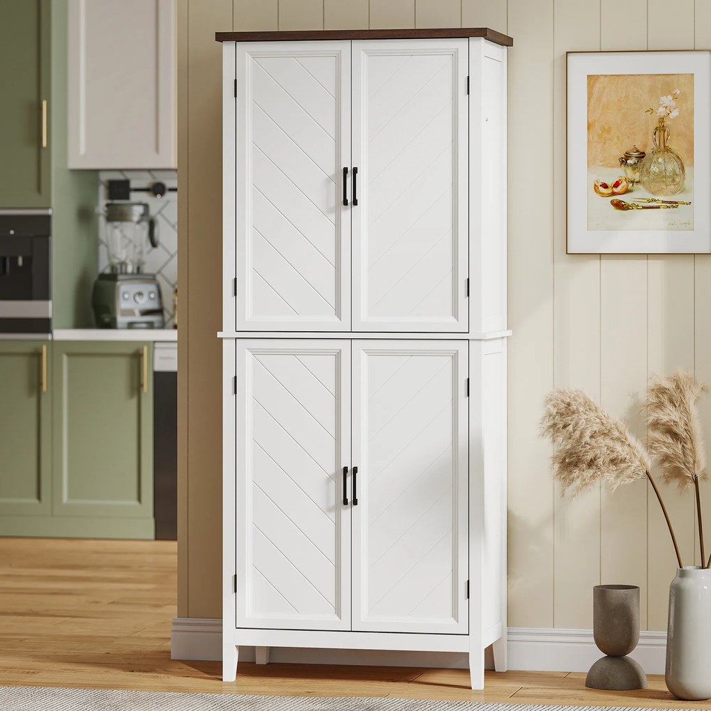 Armário de cozinha 76 x 40 x 178,5 cm, com 6 níveis, 4 portas com padrão em espinha e 4 prateleiras ajustáveis, branco
