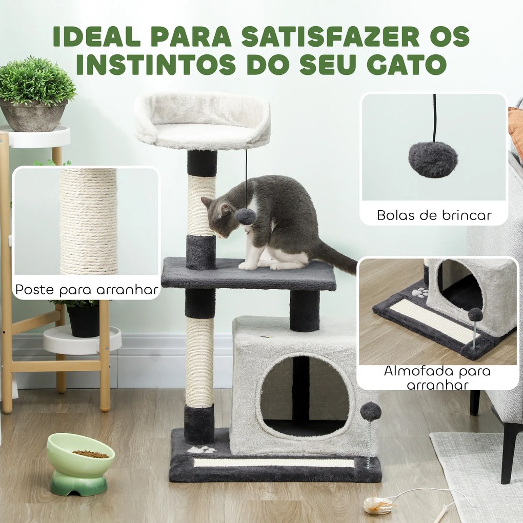 Arranhador para Gatos com Plataformas Caverna Postes Arranhadores Tapete de Sisal e Bolas 48x40x85 cm Cinzento Claro e Preto