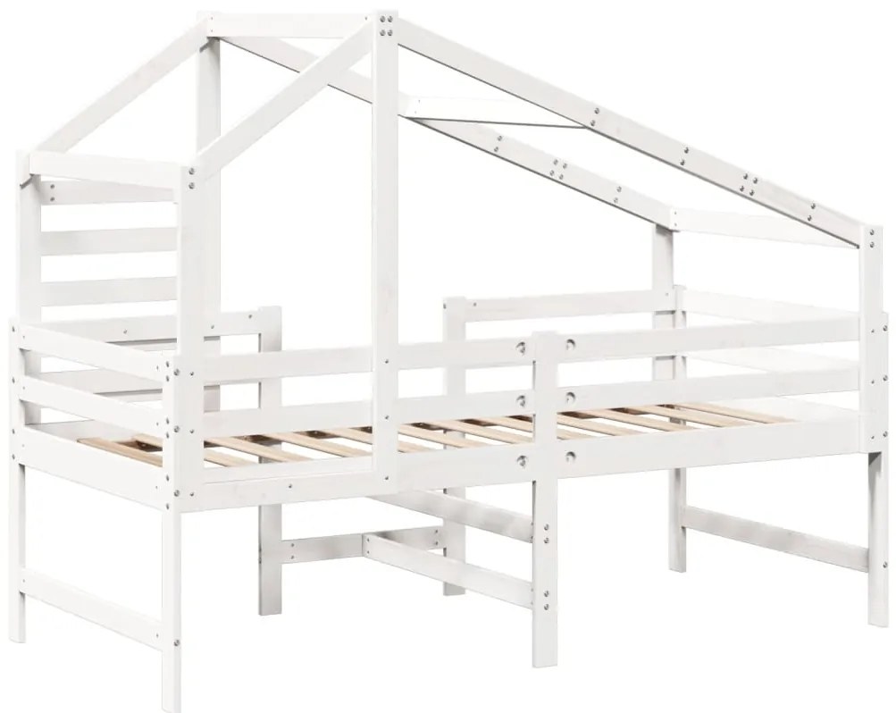 Cama alta c/ escada e telhado 90x200 cm pinho maciço branco