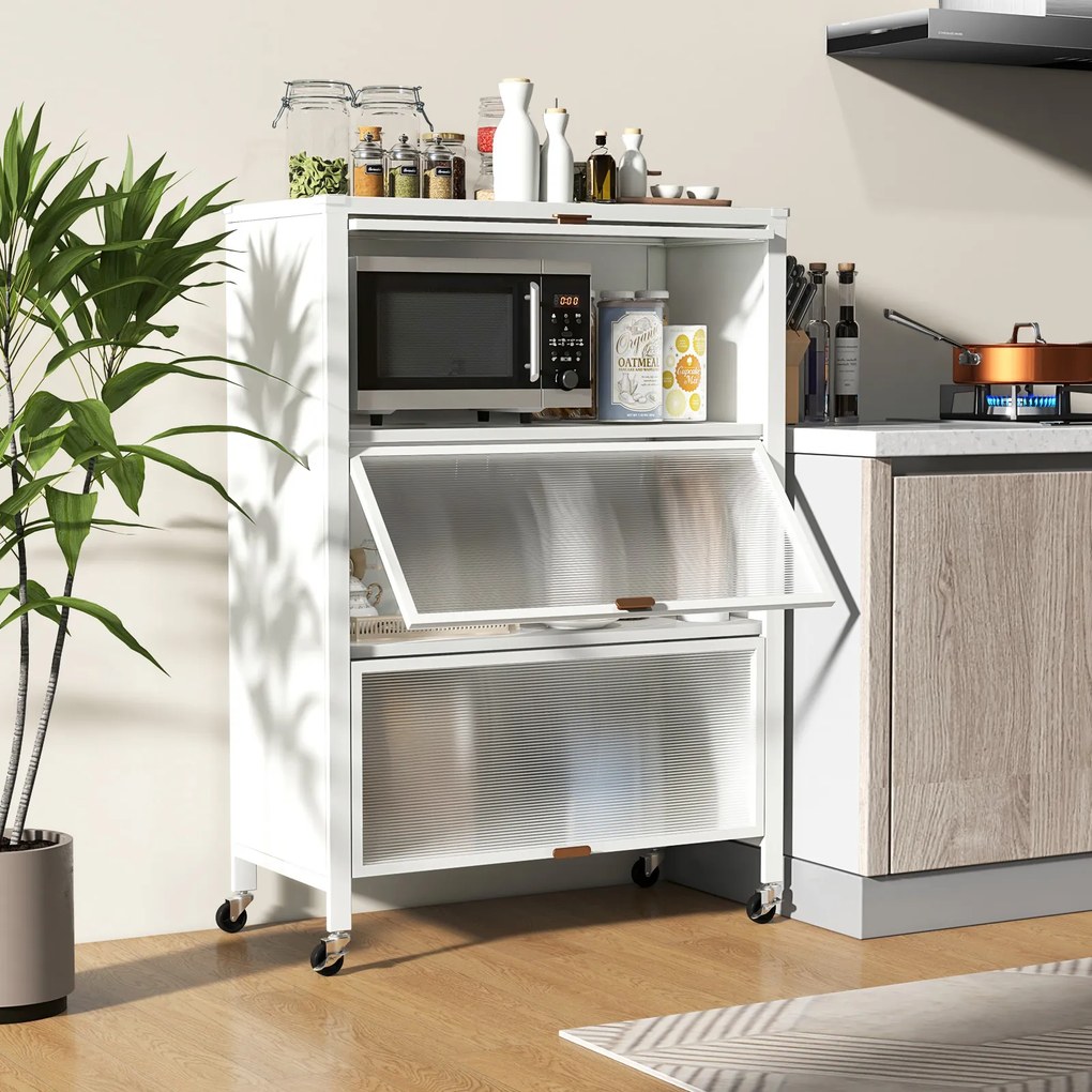 Estante de cozinha de 3 níveis com rodas com portas rebatíveis 81 x 37 x 115 cm branco