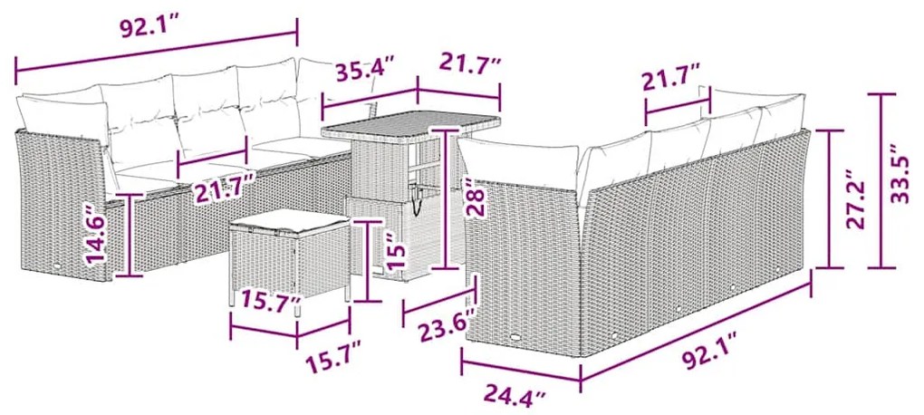 Conjunto de sofás de jardim da com 11 peças e almofadas em rattan pret