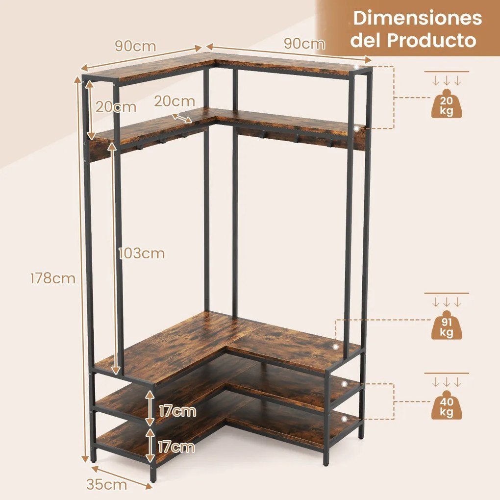 Cabide Guarda roupa aberto de canto com prateleiras abertas e ganchos Banco para sapatos Estrutura metálica sólida 90 x 90 x 178 cm Castanho rústica