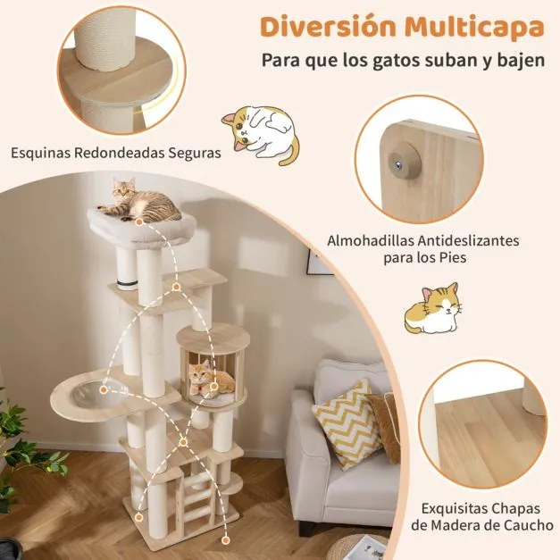 Arranhador para gatos de madeira 185 CM com Postes para arranhar Escada Suporte para trepar Natural