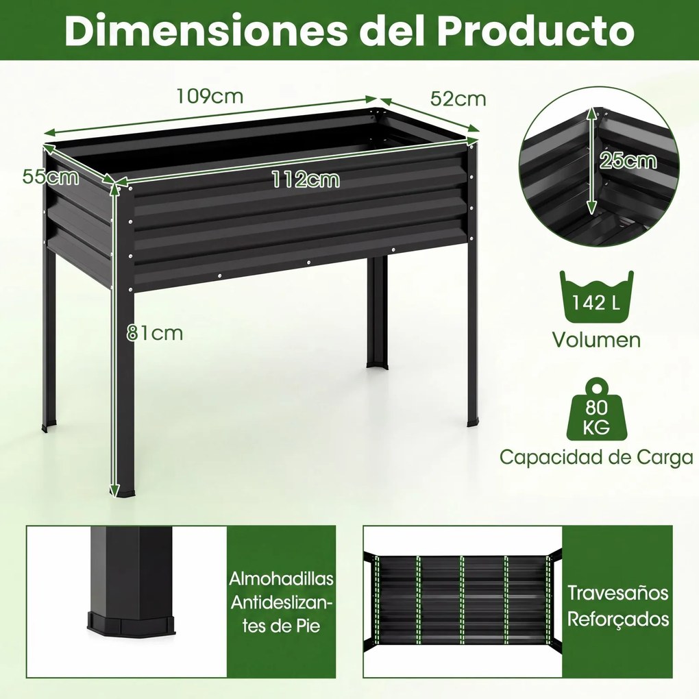 Floreira Elevada de Metal 112 x 55 x 81 cm com Revestimento Eletroforético e Drenagem para Legumes, Flores e Frutas - Preta