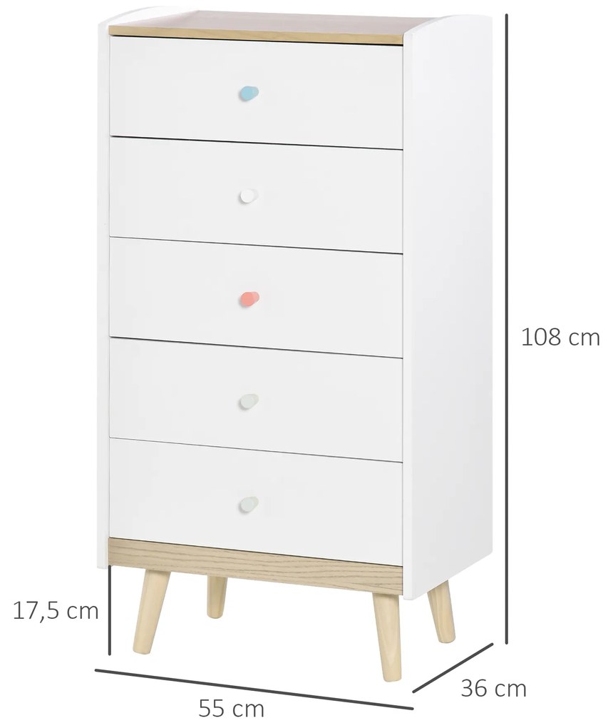 HOMCOM Cómoda Infantil de Madeira com 5 Gavetas para Crianças com Armazenamento para Brinquedos Roupa Livros 55x36x108cm Branco