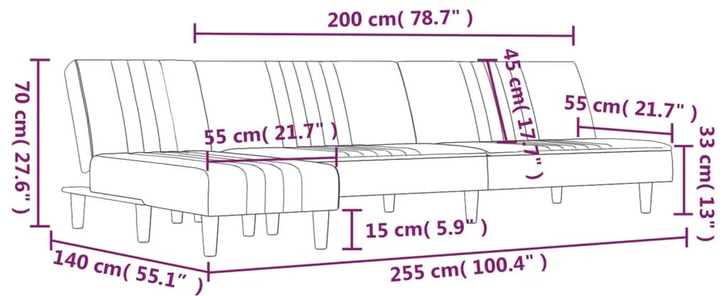 Sofá-cama em forma de L 255x140x70 cm tecido cinzento-escuro