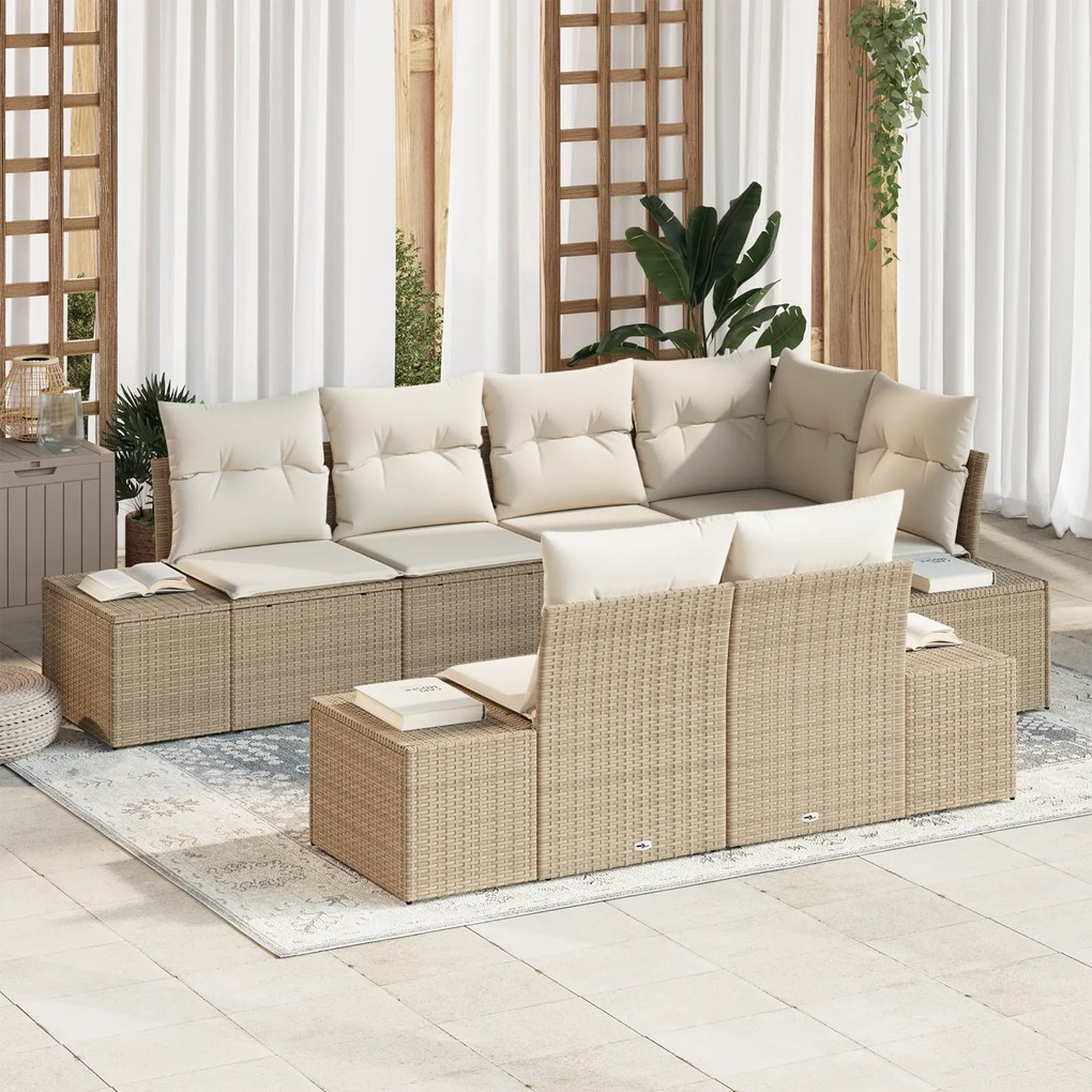 Conjunto de Sofá de Jardim de 7 Peças com Almofadas Bege Rattan Polipr